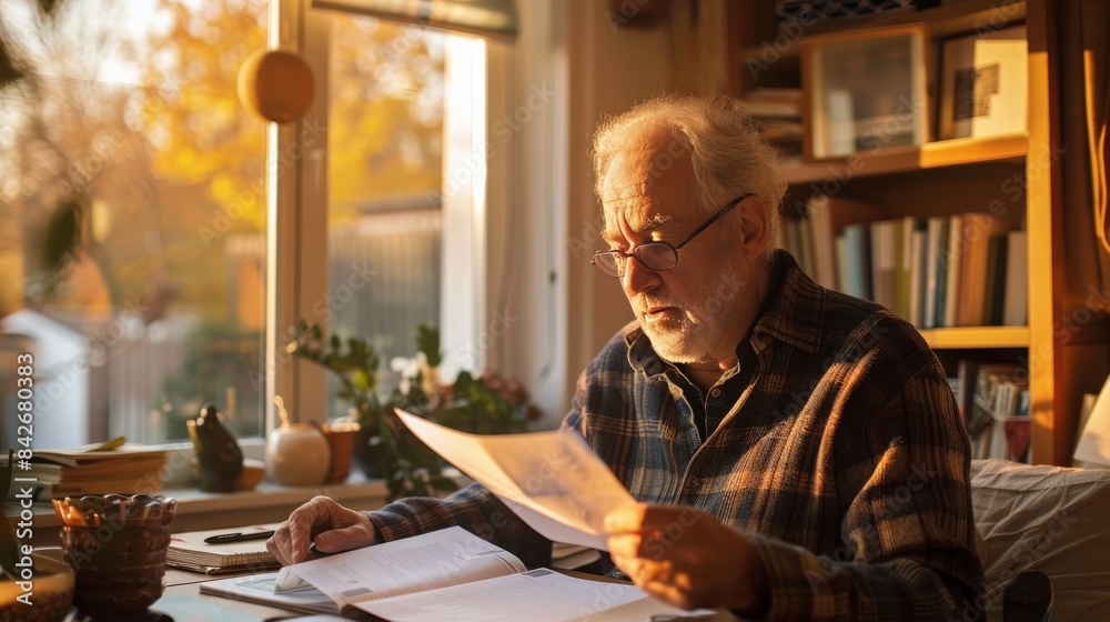 Elderly man reviewing documents and working from home