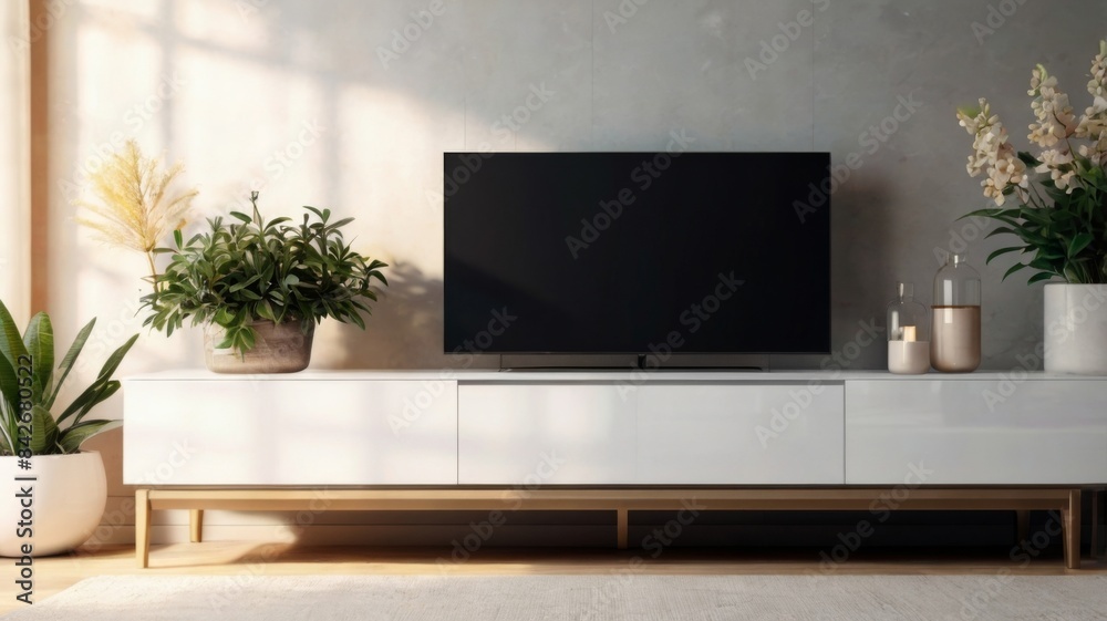 living room interior mockup. TV cabinet or place item in contemporary living room with table, light, flower, and plant living room interior mockup. TV cabinet or place item in contemporary living room with table, light, flower, and plant