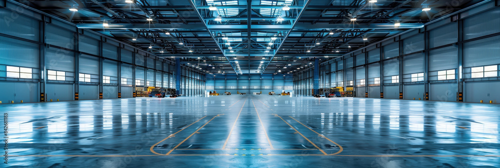 Large empty warehouse with sunlight streaming through the windows. industrial interior features high ceilings, metal beams, , for storage and logistics operations.. Large empty warehouse with sunlight streaming through the windows. industrial interior features high ceilings, metal beams, , for storage and logistics operations..