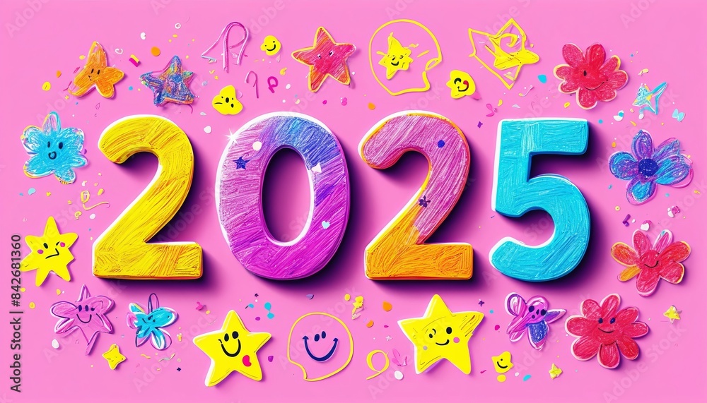Vibrant illustration of the number 2025 surrounded by various doodles of stars, flowers, and smiley faces on a pink background. Vibrant illustration of the number 2025 surrounded by various doodles of stars, flowers, and smiley faces on a pink background.
