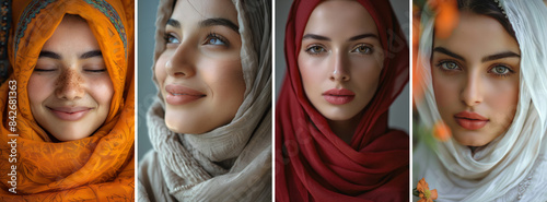 set of islamic female portraits. Women wearing hijab headscarf