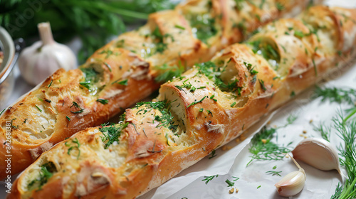 Tasty baguette with garlic and dill on white table closeup