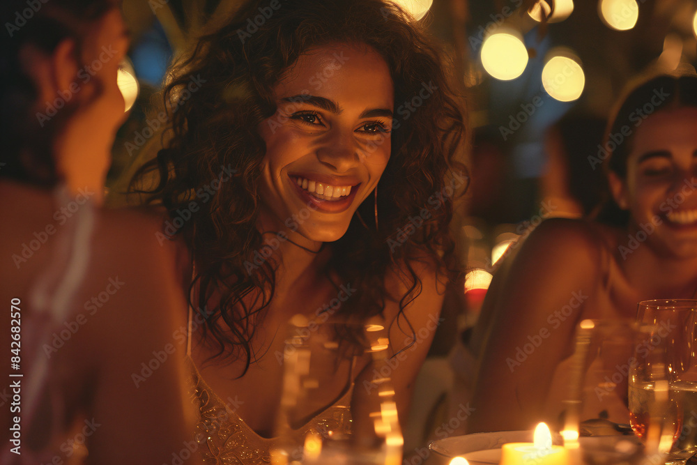 a woman smiling at a table with candles a woman smiling at a table with candles