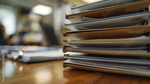 A stack of folders and paperwork tered on the table as contractors gather their documents for submission. © Justlight