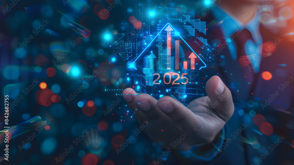 Businessman holding a glowing digital arrow with the numbers 2025 and upward arrows on a dark background Businessman holding a glowing digital arrow with the numbers 2025 and upward arrows on a dark background