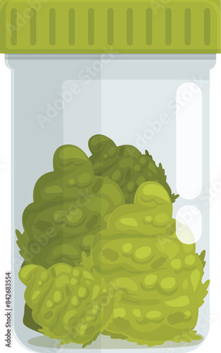 Glass jar filled with cannabis buds being stored for medical or recreational purposes