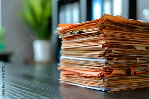 A close-up shot of a tall stack of accounting documents on a desk in an office setting