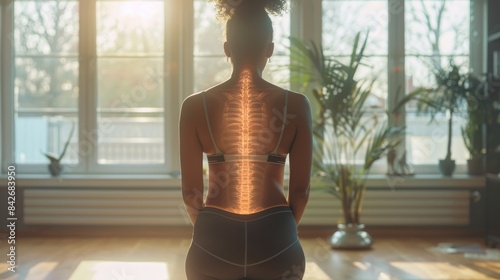 Coccyx pain women standing with pain highlighted in the style of an Xray of the coccyx on screen shows signs of coccydynia pain from natural light coming through the windows photo