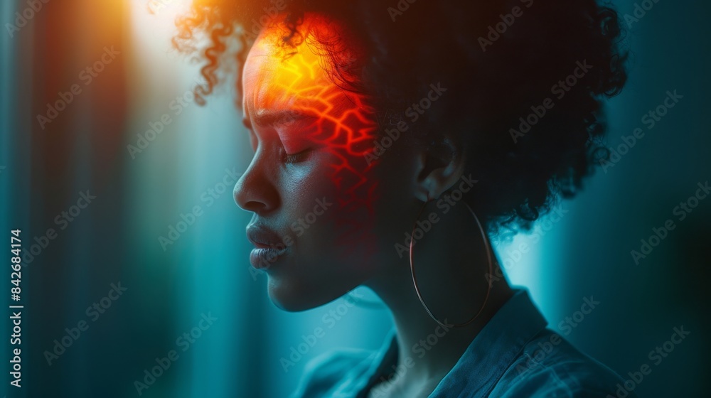 Head pain women standing with pain highlighted in the style of an Xray of the head on screen shows signs of cluster headache pain from natural light coming through the windows Head pain women standing with pain highlighted in the style of an Xray of the head on screen shows signs of cluster headache pain from natural light coming through the windows