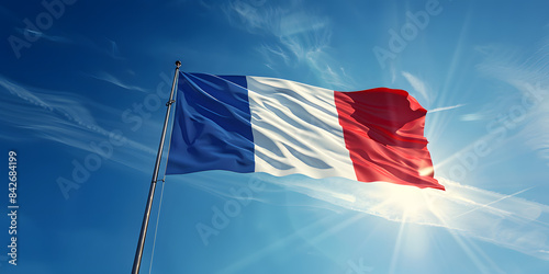 Flag of France waving in the wind, with a bright blue sky background photo