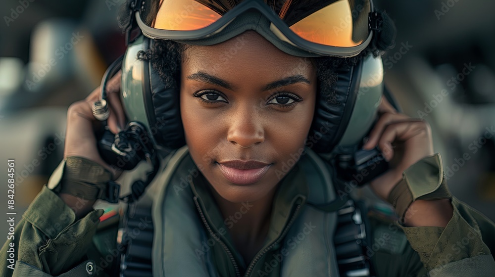 Confident Military Female Fighter Pilot in Green Flight Suits in front of a Fighter Jet Confident Military Female Fighter Pilot in Green Flight Suits in front of a Fighter Jet