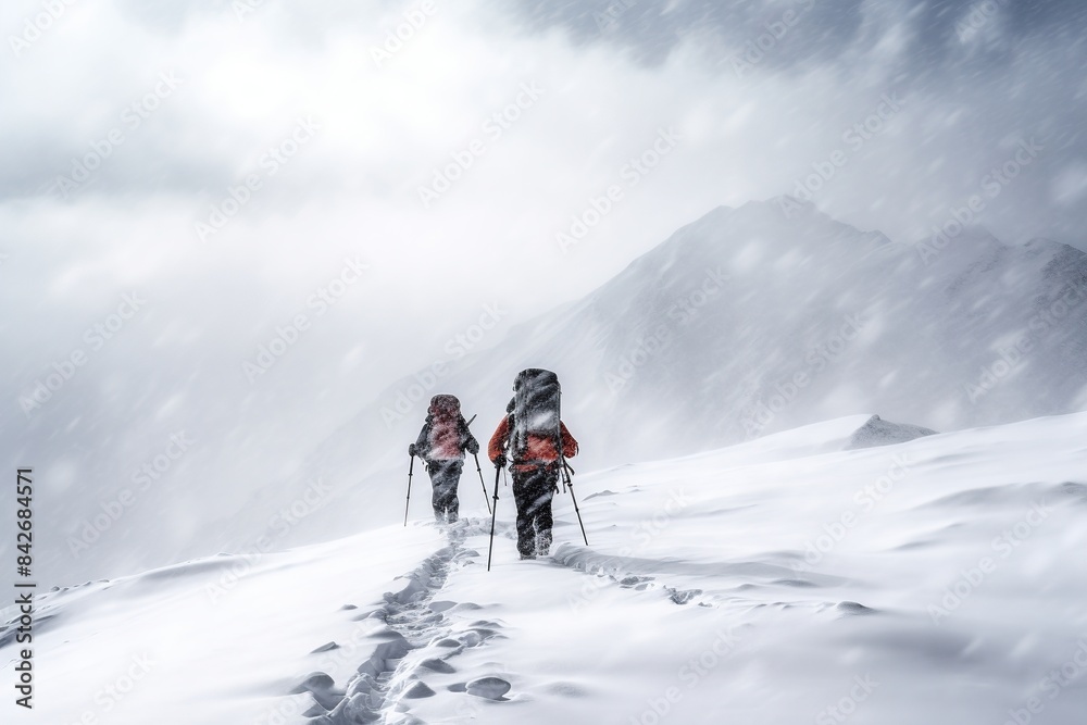 A group of people rear view making an extreme ascent to the top of the mountain in bad weather conditions, climbers in the mountains in a snowstorm. A group of people rear view making an extreme ascent to the top of the mountain in bad weather conditions, climbers in the mountains in a snowstorm.