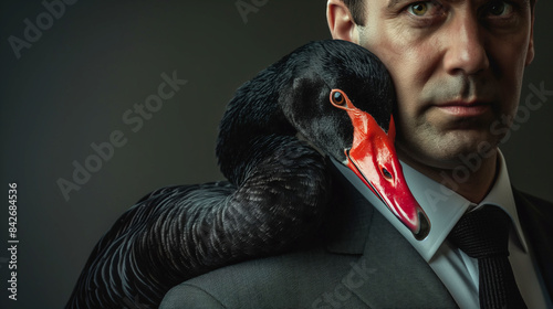 Fototapeta Naklejka Na Ścianę i Meble -  Businessman or politician with a black swan. Concept of unpredictable event.