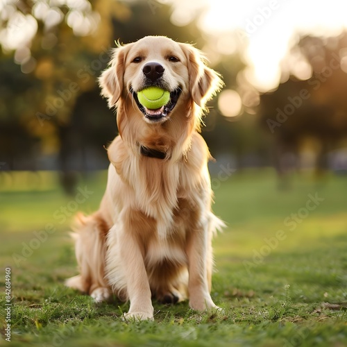 A retriever sitting on the grass in a park with a tennis ball in its mouth and a cute expression on its face