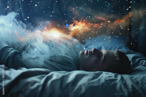 A person lying in bed, with an ethereal glow around them  A dark room filled with swirling cosmic energy and stars © Kien