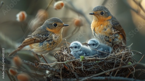 bird with its chicks in the nest photo