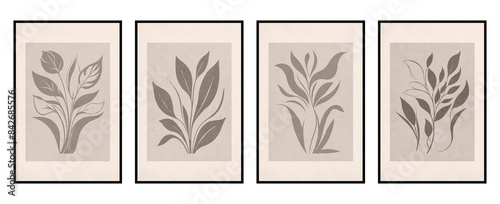 Set of 4 Printable botanical illustration. Rustic style home decor, wall decoration, picture in the frame. Grunge, vintage illustration. Generated by Ai