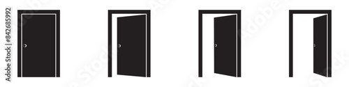 Door icons. Open door sequence. Open, close and ajar door. Opened black and white entrance door set in flat style..