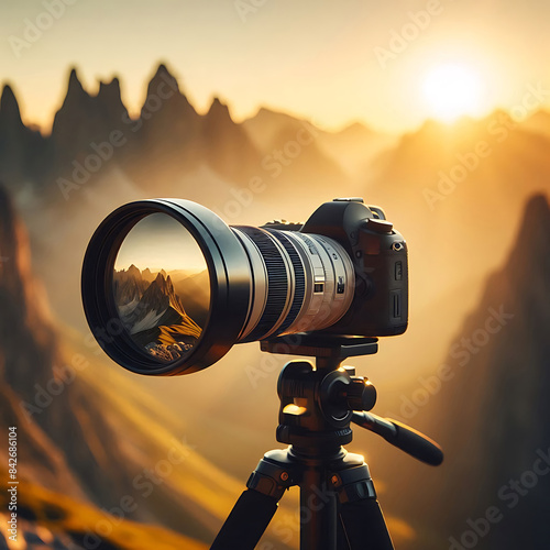 World photography day, A professional camera with a long telephoto lens mounted on a tripod, capturing a stunning mountain landscape at sunrise