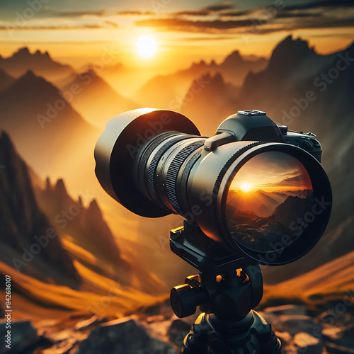 World photography day, A professional camera with a long telephoto lens mounted on a tripod, capturing a stunning mountain landscape at sunrise