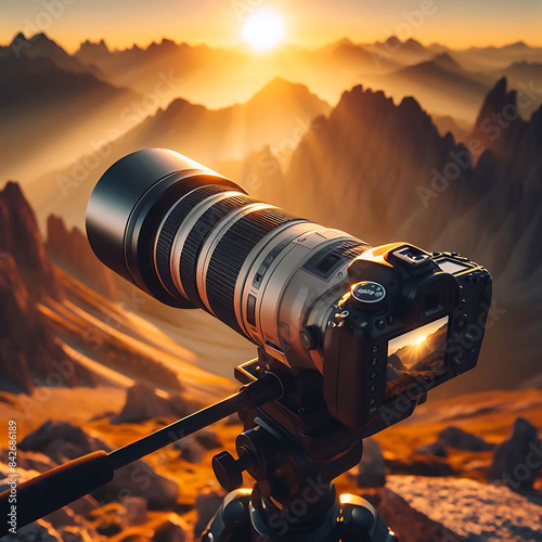 World photography day, A professional camera with a long telephoto lens mounted on a tripod, capturing a stunning mountain landscape at sunrise