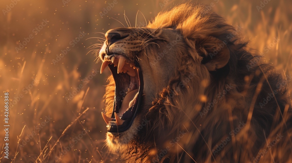 Naklejka premium A powerful lion roaring in the middle of the savannah.