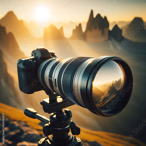 World photography day, A professional camera with a long telephoto lens mounted on a tripod, capturing a stunning mountain landscape at sunrise