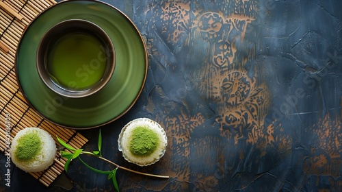 Warabi rice cake and green teaTraditional Japanese dessertbirdseye view : Generative AI photo