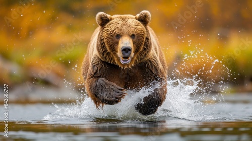 Stunning image of a brown bear splashing through a stream with autumn colors in the background © familymedia