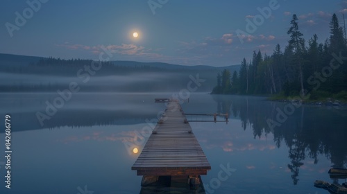 A lone dock stretches out into the still waters of a lake capturing the magic of the moons glints.