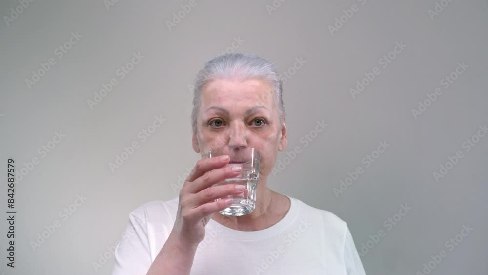 Old Caucasian woman drinking water, studio shot. The senior female holds a glass of water in her hand. Mature Retirement, elderly lady hydrating body with clean filtered fresh mineral water Old Caucasian woman drinking water, studio shot. The senior female holds a glass of water in her hand. Mature Retirement, elderly lady hydrating body with clean filtered fresh mineral water