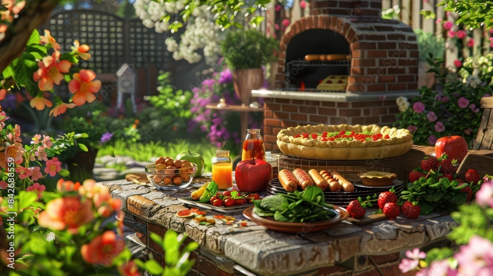 A charming garden barbecue with a brick grill, a table set with grilled vegetables, hot dogs, and a freshly baked apple pie, surrounded by blooming flowers. A charming garden barbecue with a brick grill, a table set with grilled vegetables, hot dogs, and a freshly baked apple pie, surrounded by blooming flowers.