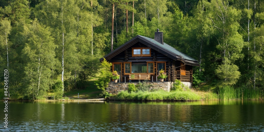 A charming wooden log cabin is nestled among lush green trees by the edge of a serene lake, providing a peaceful and natural retreat. A charming wooden log cabin is nestled among lush green trees by the edge of a serene lake, providing a peaceful and natural retreat.