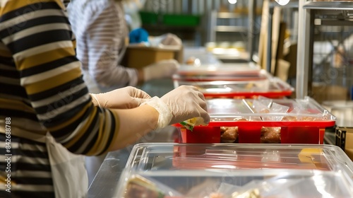 A woman packing food Supply center of meals Delivery food Packaging factory : Generative AI