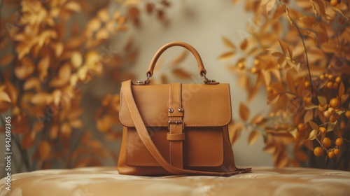 Stylish caramel-colored leather handbag posed against a plush cream background with autumn leaves