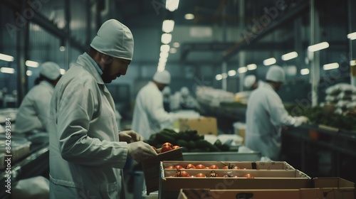 Workers in white coats packing vegetables in a warehouse : Generative AI © The Little Hut