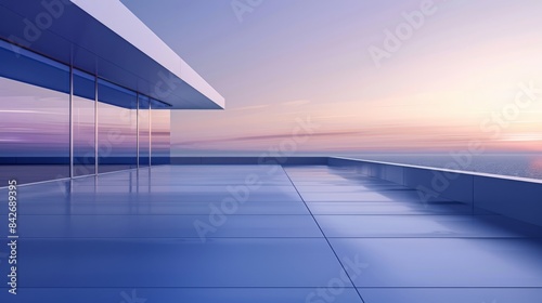 A modern minimalist building with large windows overlooking the ocean at sunset, with blue and purple tones, closeup of an empty flat roof