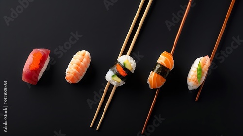 Sushi pieces placed between chopsticks separated on black background Popular sushi food : Generative AI