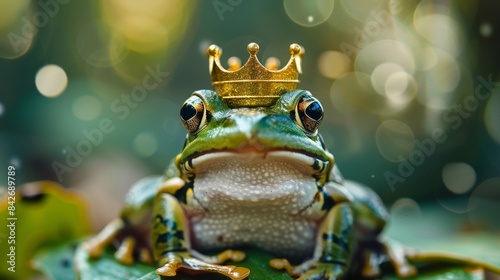 Macro photography of a green frog wearing a whimsical golden crown, sharply focused against a soft background