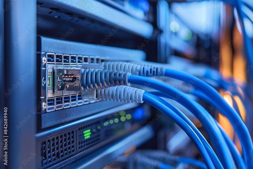 Close up of a network switch and cables in a server room with blue wires and wires running through the switch, cable wires, computer art. Network hub and patch cables Close up of a network switch and cables in a server room with blue wires and wires running through the switch, cable wires, computer art. Network hub and patch cables