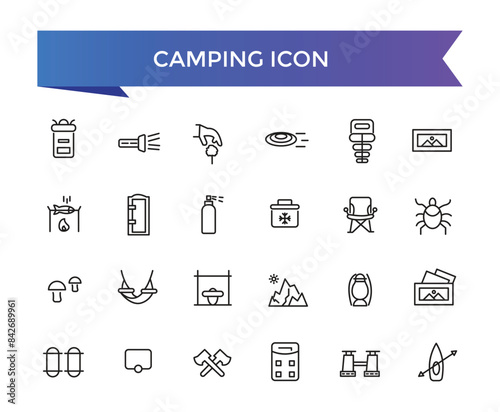 Camping icon collection. Camp, tent, fishing, nature, picnic table, forest, campfire, hiking and more. Vector Line icons set.