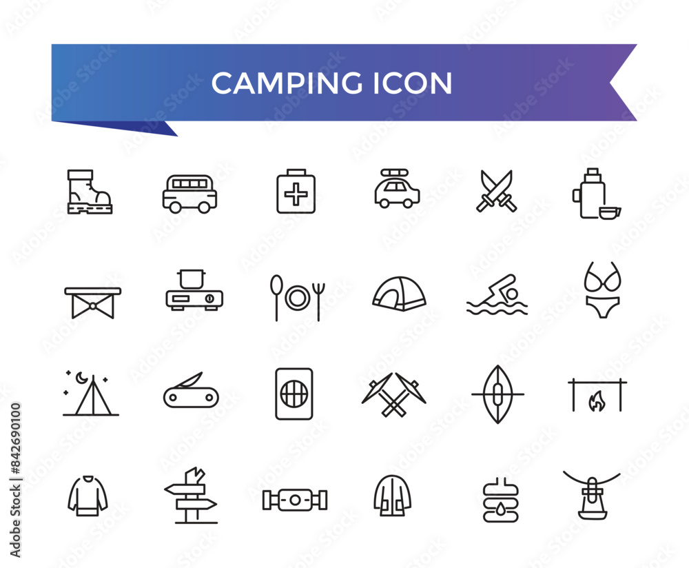 Camping icon collection. Camp, tent, fishing, nature, picnic table, forest, campfire, hiking and more. Vector Line icons set. Camping icon collection. Camp, tent, fishing, nature, picnic table, forest, campfire, hiking and more. Vector Line icons set.