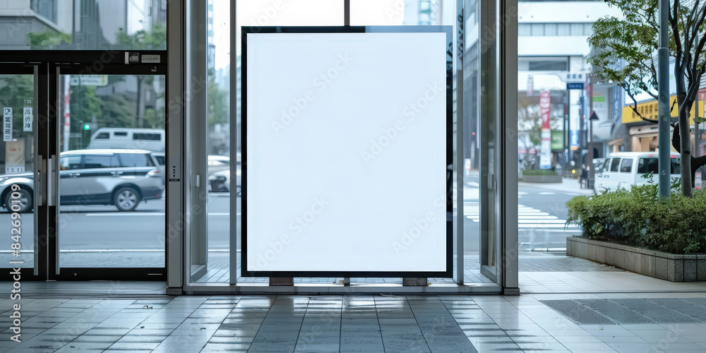 Modern building entrance with white blank advertisement boards positioned beside glass walls. The urban setting features a busy street view, providing an ideal location for advertisements.. Modern building entrance with white blank advertisement boards positioned beside glass walls. The urban setting features a busy street view, providing an ideal location for advertisements..