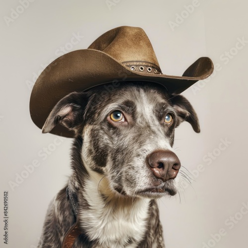 Dog posing with a cowboy hat looking pensive photo