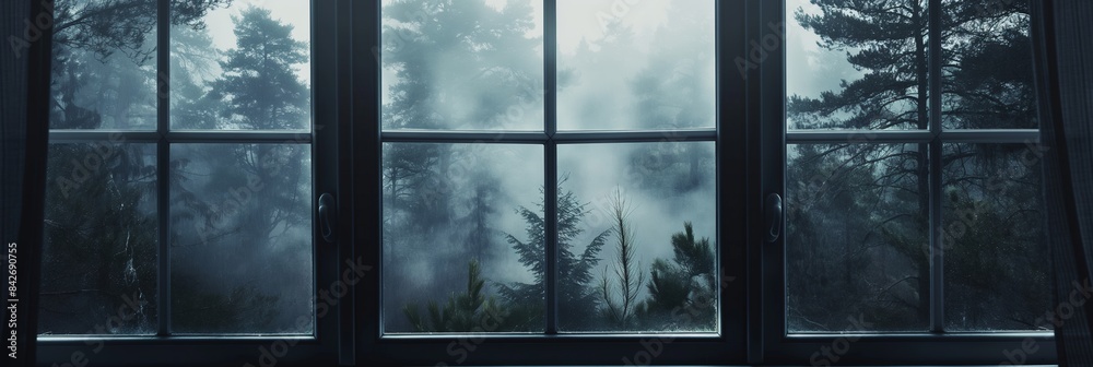 A beautifully eerie scene depicting a foggy forest as seen through a ...