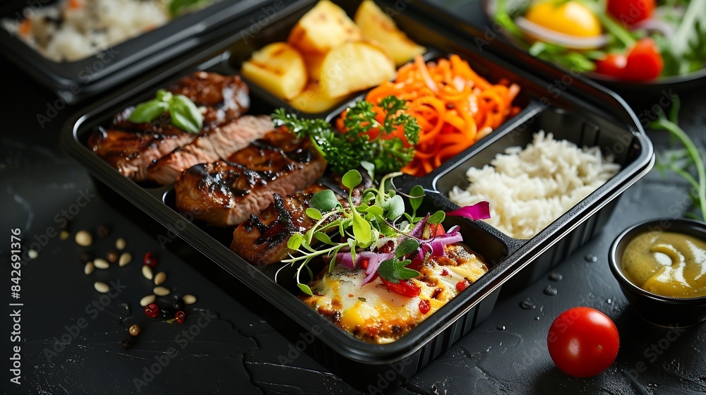 Catering food with healthy balanced diet delicious lunch box boxed take away deliver packed ready  meal in black container dinner meal brakfast : Generative AI