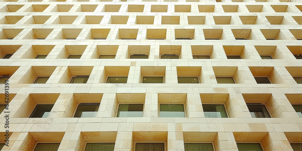Modern building facade with a geometric pattern of square windows. creates a visually striking architectural feature, highlighting the structure's contemporary and minimalist aesthetic.. Modern building facade with a geometric pattern of square windows. creates a visually striking architectural feature, highlighting the structure's contemporary and minimalist aesthetic..