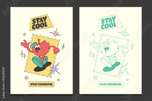 retro posters with apple fruit cartoon mascot character, vector illustration.