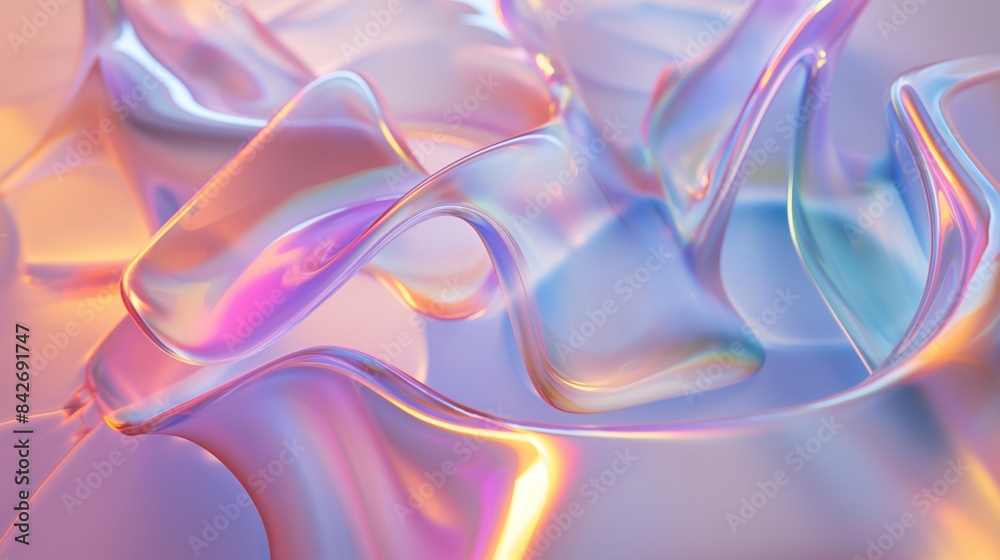 Close-up of flowing holographic ribbons with pastel colors and smooth texture in an abstract design Close-up of flowing holographic ribbons with pastel colors and smooth texture in an abstract design