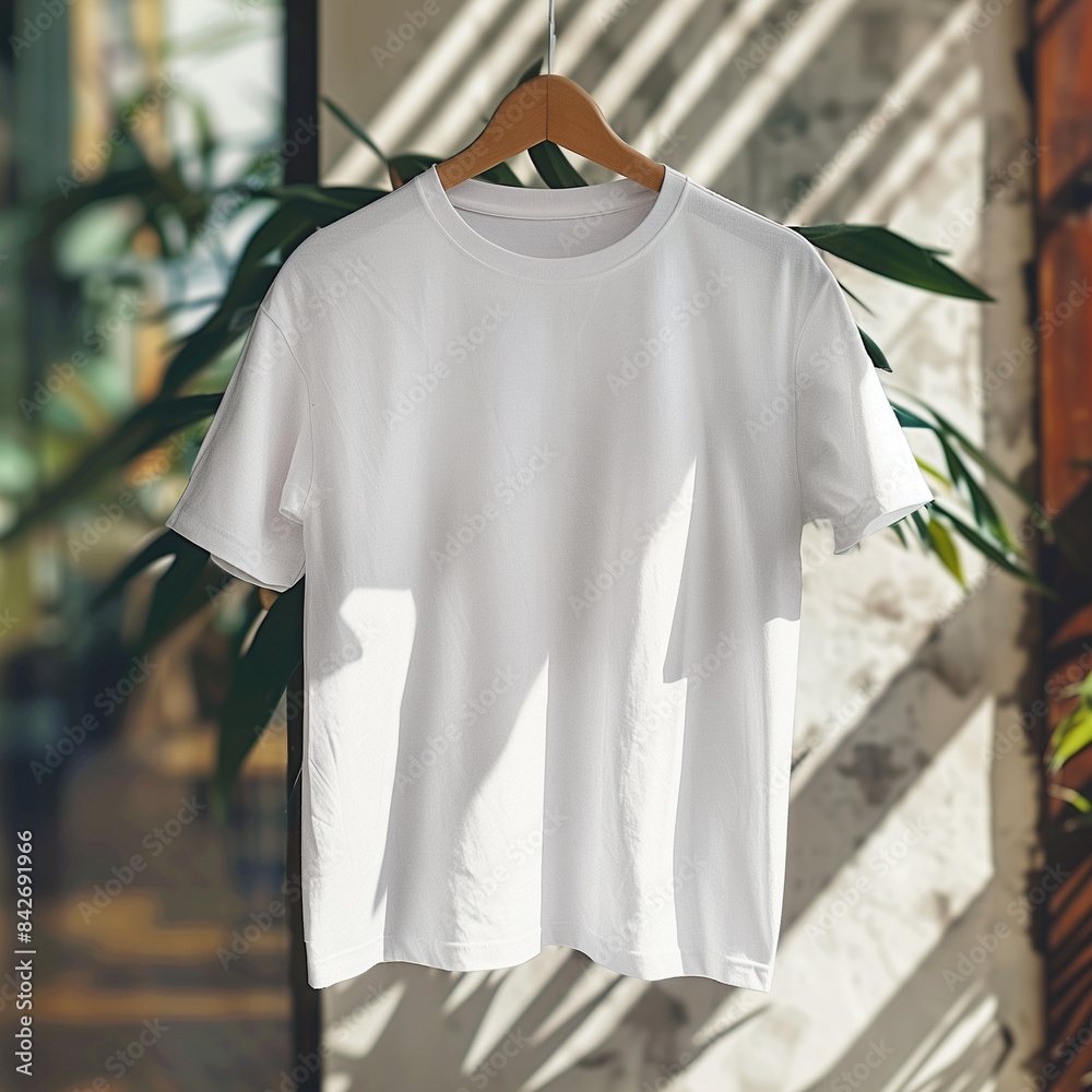 Product mockup photography | GENRE: Fashion | EMOTION: Stylish | SCENE: high-quality white blank t-shirt bella canvas 3001 Hang on the wall positioned for mockup design Product mockup photography | GENRE: Fashion | EMOTION: Stylish | SCENE: high-quality white blank t-shirt bella canvas 3001 Hang on the wall positioned for mockup design